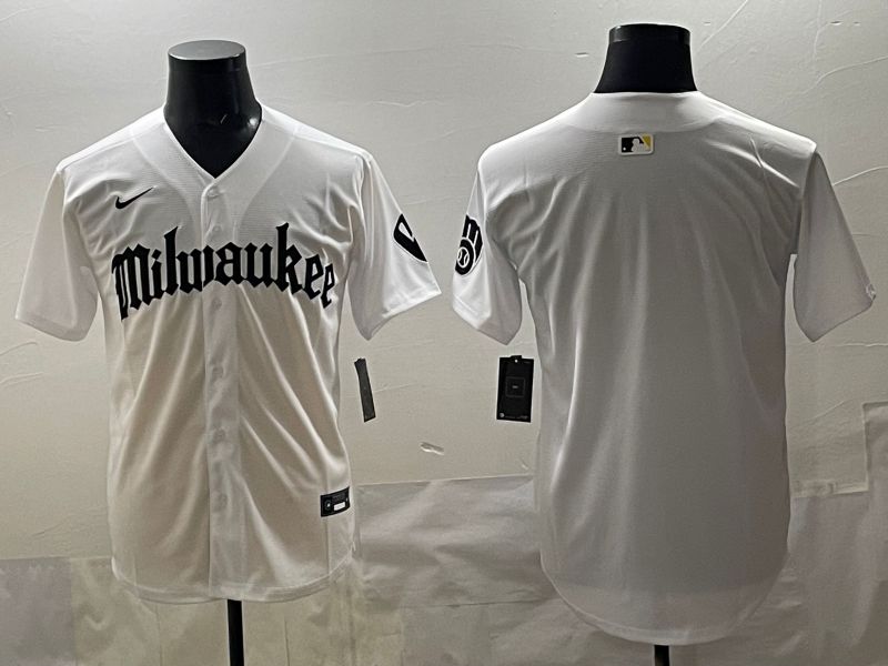Men 2025 Milwaukee Brewers Blank White Five generations Joint Name Nike MLB Jersey style 01